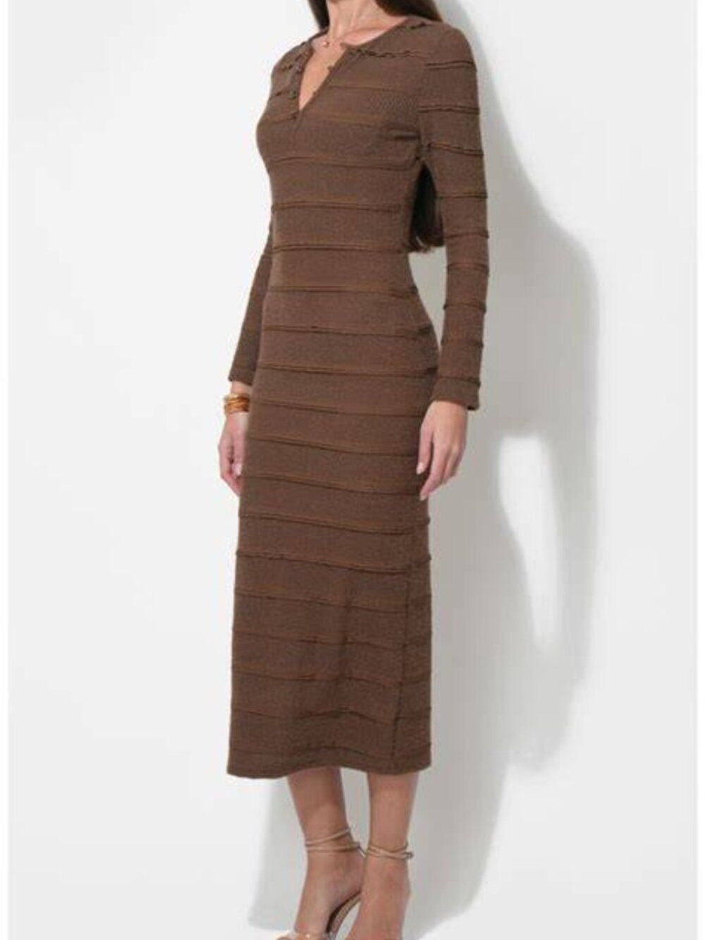 Valerie RaeTextured Stripe Long Lace Knit Midi Dress in Brown, NWT Size: XL Boho